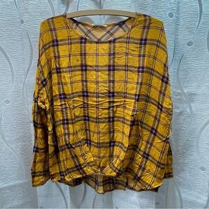 Bluheaven Plaid Twist Front‎ Blouse Womens Large Mustard Yellow Excellent A4549